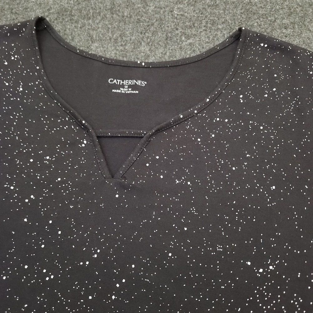 Catherines Womens 1X Black Metallic Dot Short Sleeve Keyhole T Shirt Celestial